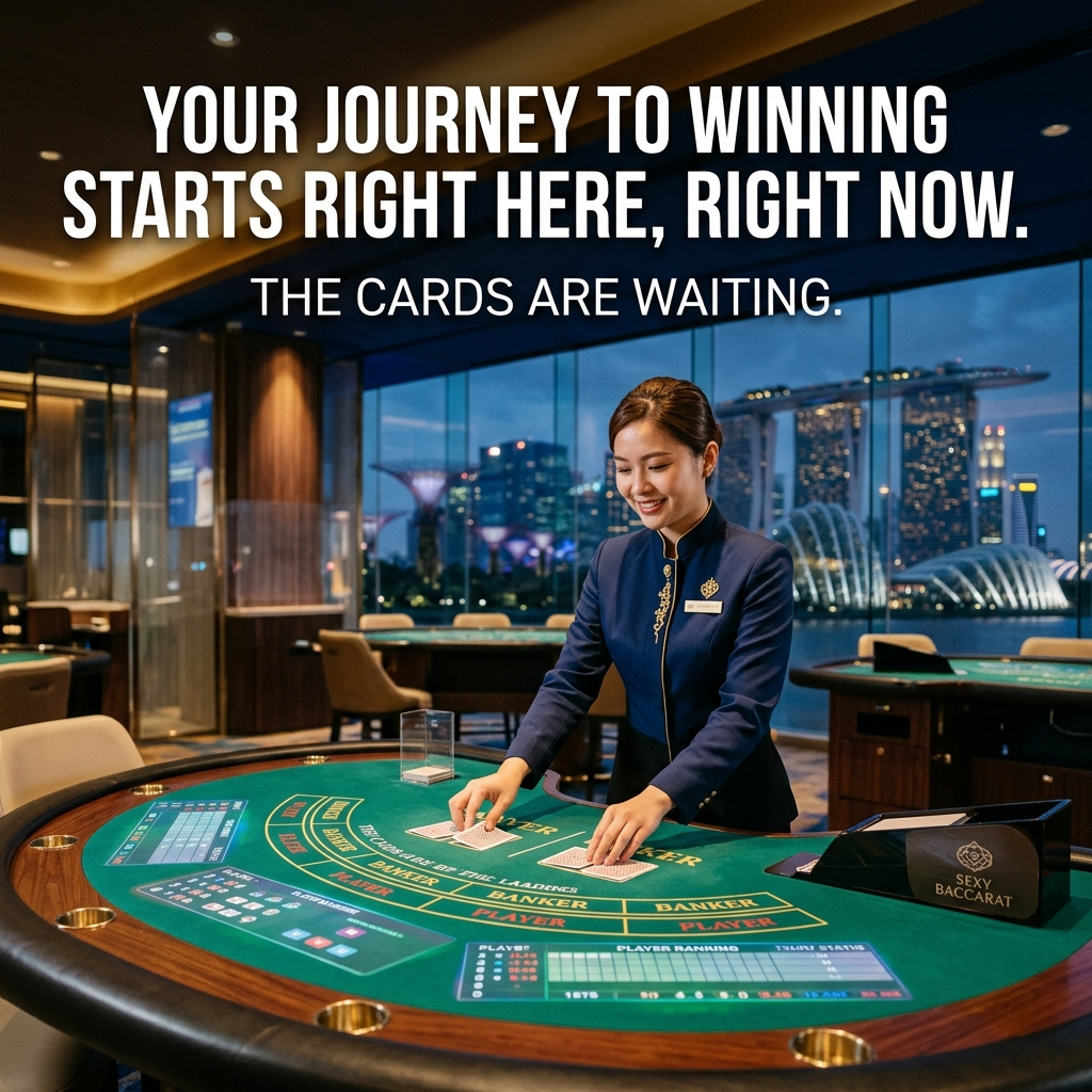 A captivating 1:1 image showcasing a luxurious baccarat live casino table in a modern Singapore setting. An Asian female dealer expertly deals cards, with a blurred Singapore skyline in the background. Text reads “Your Journey to Winning Starts Right Here, Right Now” and “The cards are waiting.” This image is designed to attract players to a high-quality online baccarat platform, emphasizing the excitement and opportunity of playing live casino games. The Singaporean influence adds a unique and appealing touch, targeting players in the region. The image conveys a sense of urgency and encourages immediate participation.