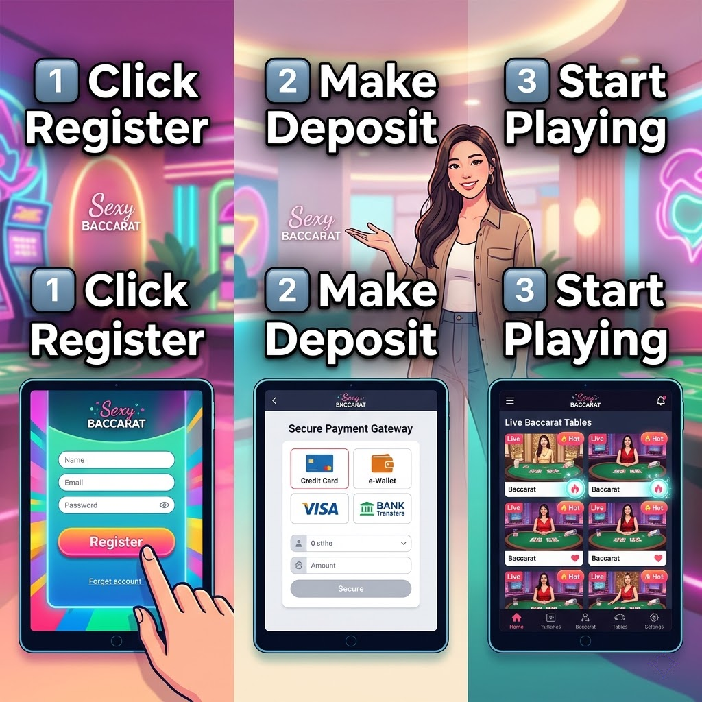 image illustrating the three simple steps to start playing Sexy Baccarat online. The image features stylized mobile screens showcasing the registration, deposit, and table selection processes. Text clearly outlines each step: “Click Register,” “Make Deposit,” and “Start Playing.” This image is designed to attract new players by highlighting the ease and convenience of joining the platform. The vibrant colors and modern design convey a sense of excitement and accessibility, encouraging immediate engagement. The image is optimized for mobile viewing and emphasizes a seamless user experience.