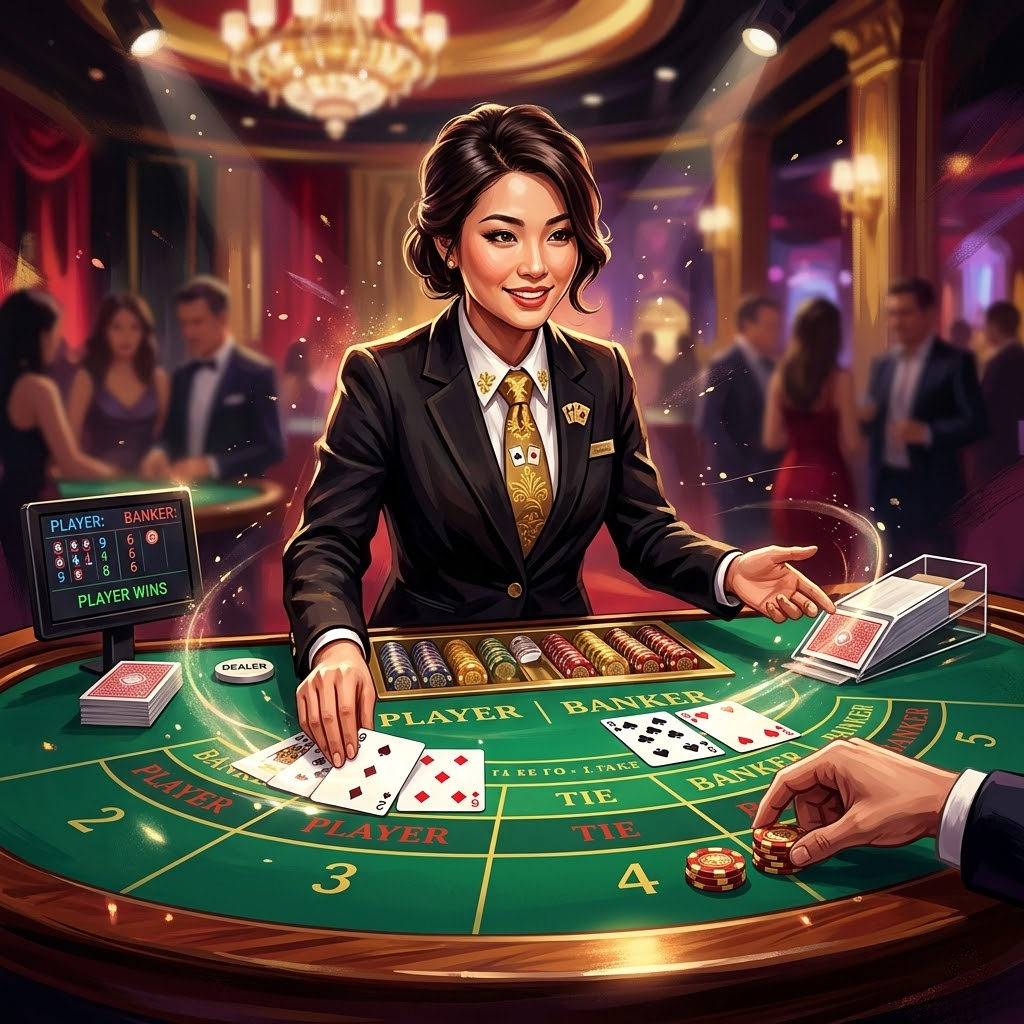 A captivating 1:1 digital painting showcasing a live baccarat table with a professional and engaging dealer interacting with players. The image highlights the immersive and thrilling experience offered by the platform, featuring stunning HD quality and a luxurious casino environment. The vibrant colors and dramatic lighting create a sense of excitement and sophistication, emphasizing the platform’s commitment to providing a world-class live casino experience for both classic and sexy baccarat enthusiasts.