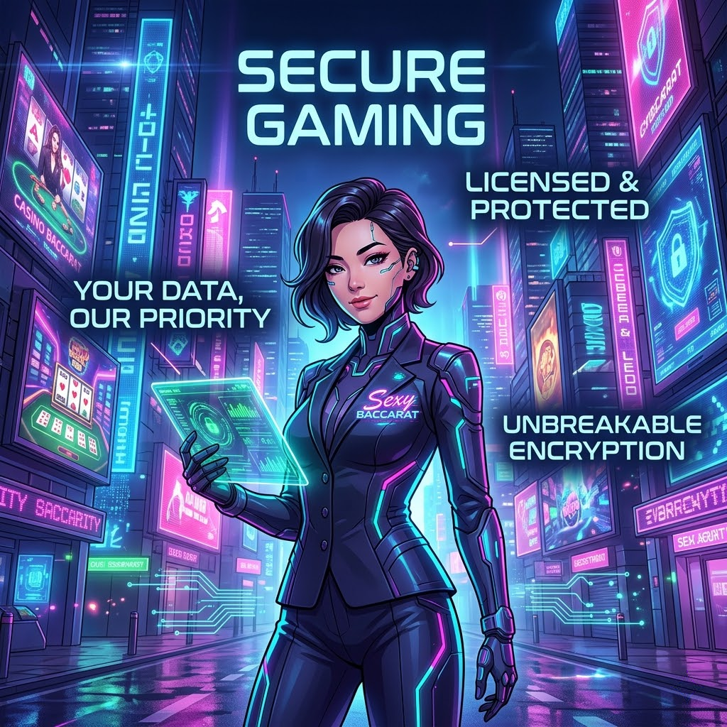 A captivating 1:1 image showcasing a confident Asian female presenter in a cyberpunk anime style, emphasizing secure online gaming. The image highlights legitimate gaming licenses, advanced encryption technology, and data protection, conveying a strong message of user safety and trustworthiness. Neon lights, futuristic cityscapes, and bold text headlines like “Secure Gaming” and “Licensed & Protected” reinforce the theme. The “Sexy Baccarat” logo is subtly integrated, creating a visually appealing and informative visual asset for promoting safe and reliable online casino platforms. This image is designed to attract attention and build confidence in online gaming services.