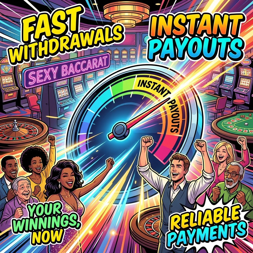 A vibrant comic book style image illustrating fast and reliable payouts from a recommended casino. The image features a dynamic speedometer highlighting “Instant Payouts” surrounded by celebrating players. Headlines like “Fast Withdrawals” and “Your Winnings, Now” emphasize the speed and reliability of the casino’s payment process. The image targets players in Singapore and Southeast Asia, showcasing support for popular payment methods. The “Sexy Baccarat” logo is subtly integrated, promoting a positive and trustworthy online gaming experience. This visually engaging asset aims to attract players seeking quick and dependable winnings.