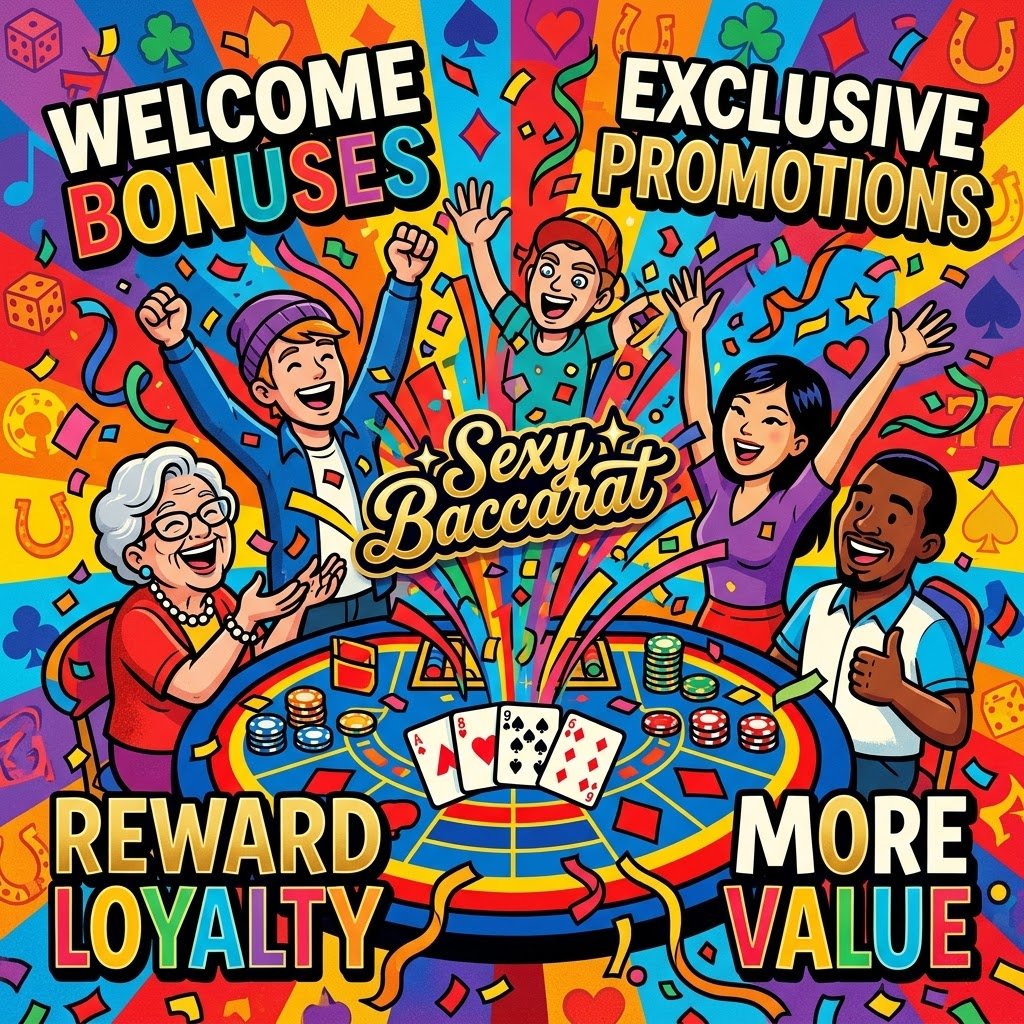 A vibrant pop art image celebrating welcome bonuses and exclusive promotions for baccarat live casino players. The image features a burst of confetti and happy characters, emphasizing the platform’s commitment to rewarding loyalty and providing more value for every dollar played. Headlines like “Welcome Bonuses” and “Reward Loyalty” highlight the benefits of joining the platform. The “Sexy Baccarat” logo is subtly integrated, reinforcing the brand’s reputation for generosity and excitement. This image aims to attract new players and encourage existing players to take advantage of the platform’s rewarding promotions.