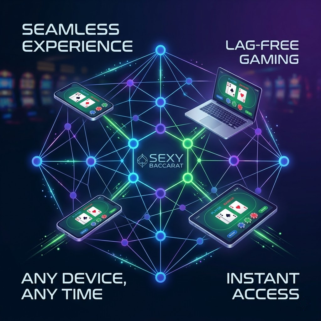 A futuristic minimalist image showcasing a seamless gaming experience across all devices – smartphones, laptops, and tablets. The image emphasizes lag-free gaming and instant access to baccarat online casino games. The interconnected network of nodes and lines represents the platform’s commitment to providing a smooth and reliable experience. Headlines like “Seamless Experience” and “Any Device, Any Time” highlight the platform’s accessibility. The “Sexy Baccarat” logo is subtly integrated, reinforcing the brand’s reputation for technological innovation and user convenience. This image aims to attract players seeking a smooth and reliable gaming experience on any device.