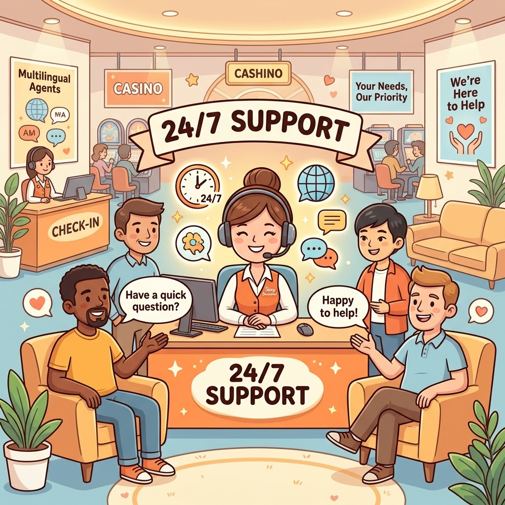 A friendly cartoon illustration showcasing 24/7 multilingual support for baccarat online casino players in Singapore and Southeast Asia. The image emphasizes the platform’s commitment to providing prompt and helpful assistance through a dedicated support team. Icons representing multilingual agents and 24/7 availability reinforce the message of customer care. Headlines like “24/7 Support” and “Your Needs, Our Priority” highlight the platform’s dedication to player satisfaction. The “Sexy Baccarat” logo is subtly integrated, reinforcing the brand’s commitment to excellent customer service. This image aims to build trust and reassure players that they will receive support whenever they need it.