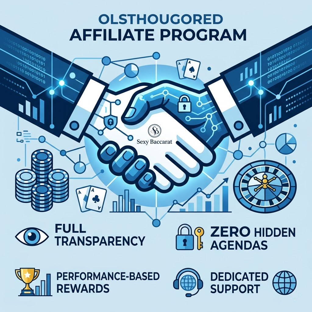 A modern infographic illustrating the affiliate program’s commitment to full transparency and zero hidden agendas. The image features a stylized handshake forming a secure digital connection, symbolizing trust and partnership. Data visualization elements highlight performance-based rewards and dedicated support. Headlines like “Full Transparency” and “Zero Hidden Agendas” reinforce the platform’s commitment to ethical affiliate relationships. The “Sexy Baccarat” logo is subtly integrated, reinforcing the brand’s reputation for integrity and reliability. This image aims to attract potential affiliates by showcasing the program’s clear and trustworthy structure.