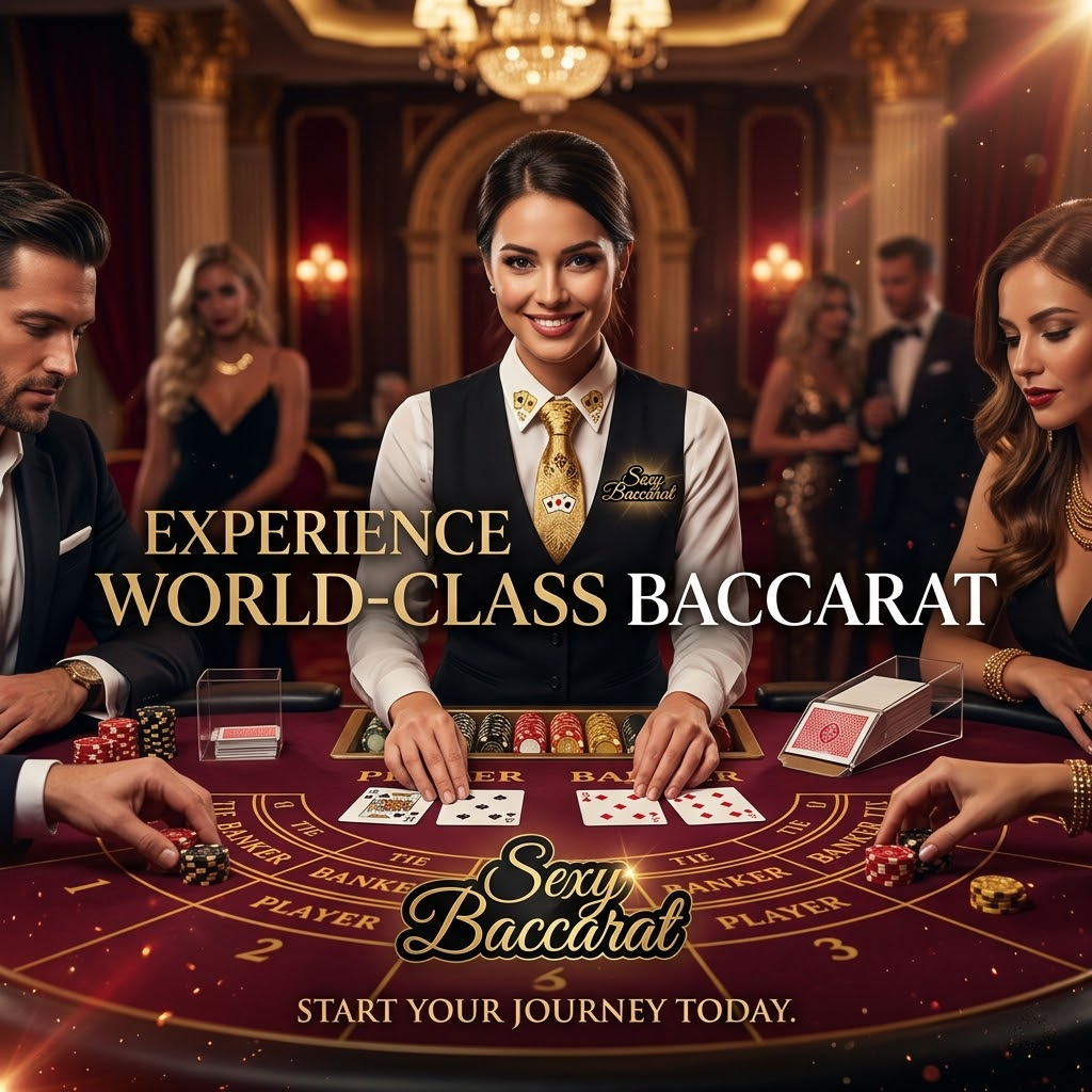A cinematic promotional poster showcasing the excitement and luxury of playing baccarat live casino. The image features a beautifully presented baccarat table with a live dealer, inviting players to experience world-class gaming action. The headline “Experience World-Class Baccarat” and the call to action “Start Your Journey Today” encourage viewers to join the platform. The “Sexy Baccarat” logo is prominently displayed, reinforcing the brand’s reputation for quality and excitement. This image aims to attract new players and entice existing players to engage with the platform’s premium baccarat live casino offerings.