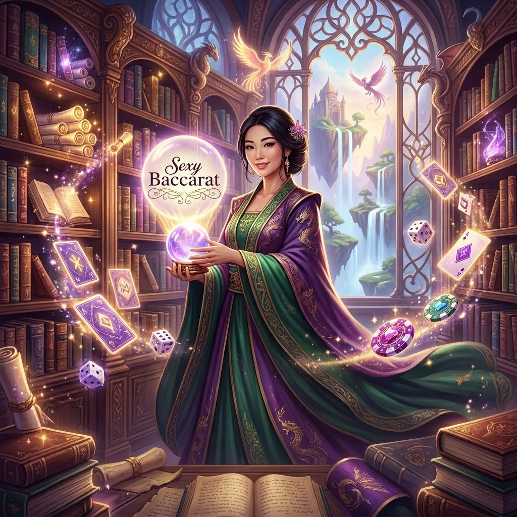 A visually captivating 1:1 image promoting “Sexy Baccarat” with a fantasy art style. The image features an Asian female presenter in elegant robes within a mystical library casino, emphasizing user support and guidance. The “Sexy Baccarat” logo is prominently displayed on a glowing crystal ball, surrounded by magical casino elements. The text highlights commitment to user assistance and encourages website exploration. This image aims to attract new players with its enchanting visuals and reassuring message.