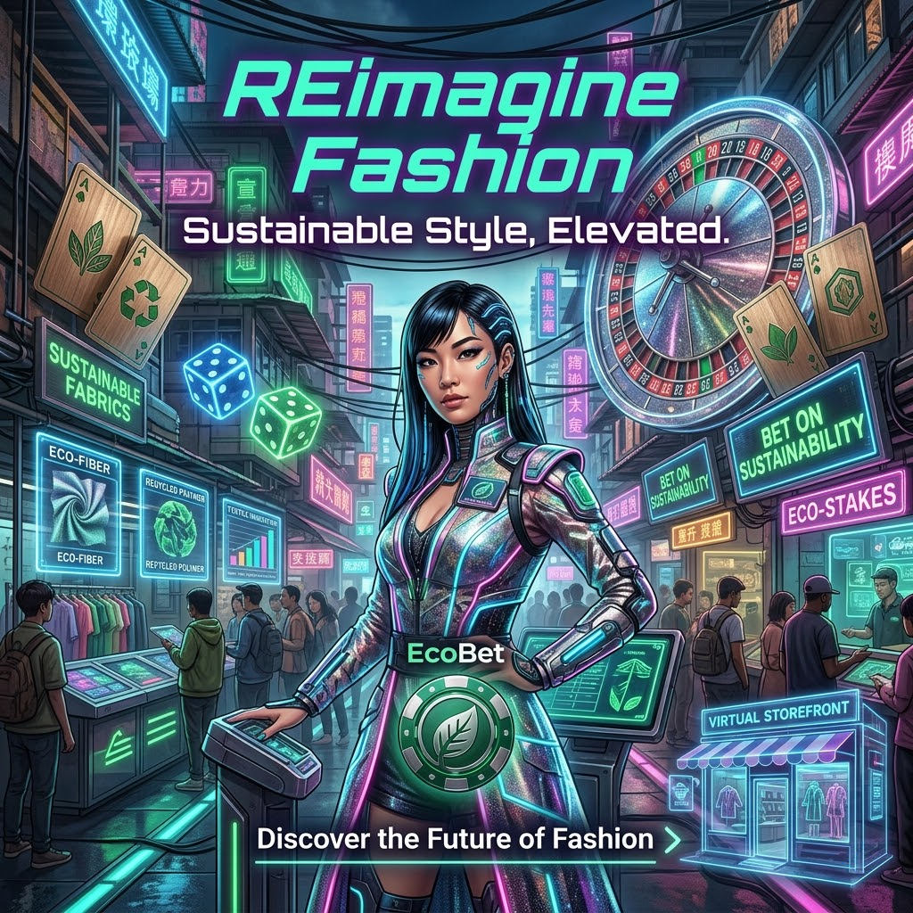 A captivating 1:1 image showcasing a confident Asian female presenter in a cyberpunk-inspired casino setting, promoting a new initiative for sustainable fashion brands. The image features neon text highlighting “REimagine Fashion” and a call to action to “Discover the Future of Fashion.” Holographic displays and casino elements blend to create a vibrant and innovative visual, emphasizing eco-friendly clothing and forward-thinking style. The “EcoBet” logo is subtly integrated, reinforcing the brand’s commitment to sustainability and luxury. This image is designed to attract attention and encourage engagement with eco-conscious fashion choices.