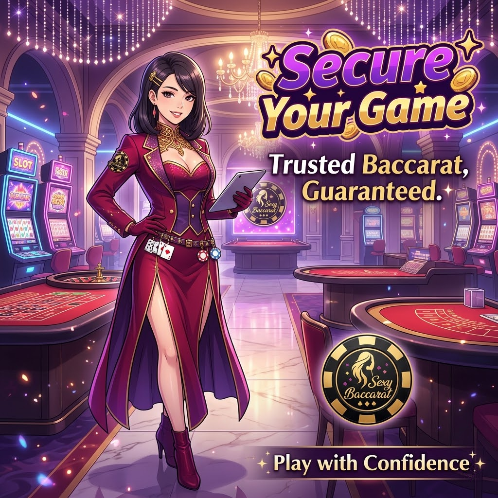 A visually stunning 1:1 anime-style image featuring a confident Asian female presenter in a luxurious casino setting, promoting the security of a Sexy Baccarat online platform. The image showcases glowing slot machines and roulette tables, with text highlighting “Secure Your Game” and “Trusted Baccarat, Guaranteed.” The presenter’s outfit incorporates subtle casino details, and the “Sexy Baccarat” logo is elegantly integrated. This image aims to reassure potential players about the platform’s commitment to account protection and responsible gaming, creating a sense of trust and excitement.