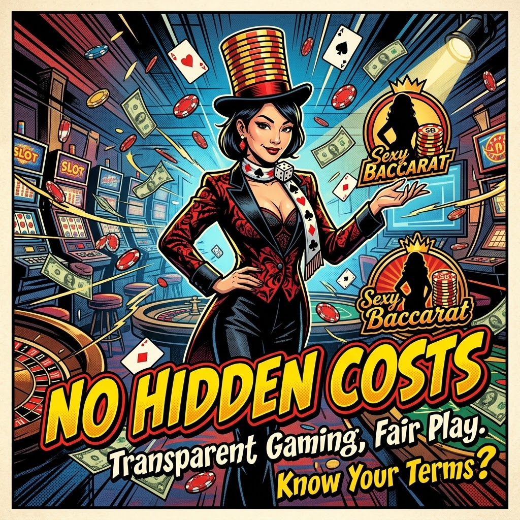 A vibrant 1:1 comic book-style image featuring a confident Asian female presenter surrounded by casino chips and cards, emphasizing the transparency of a Sexy Baccarat online platform. The image highlights the message “No Hidden Costs” and “Transparent Gaming, Fair Play.” The presenter’s outfit incorporates playful casino accessories, and the “Sexy Baccarat” logo is prominently displayed. This image aims to assure potential players about the platform’s commitment to fair and honest gaming practices, creating a sense of trust and excitement.