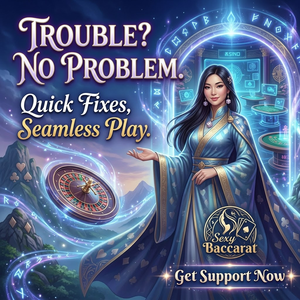 A captivating 1:1 fantasy-style image featuring a serene Asian female presenter standing before a glowing portal to a digital casino realm, promoting the platform’s quick and easy solutions for technical issues. The image highlights the message “Trouble? No Problem.” and “Quick Fixes, Seamless Play.” The presenter’s outfit incorporates subtle casino details, and the “Sexy Baccarat” logo is elegantly integrated. This image aims to reassure potential players about the platform’s commitment to user support and a smooth gaming experience, creating a sense of trust and ease.