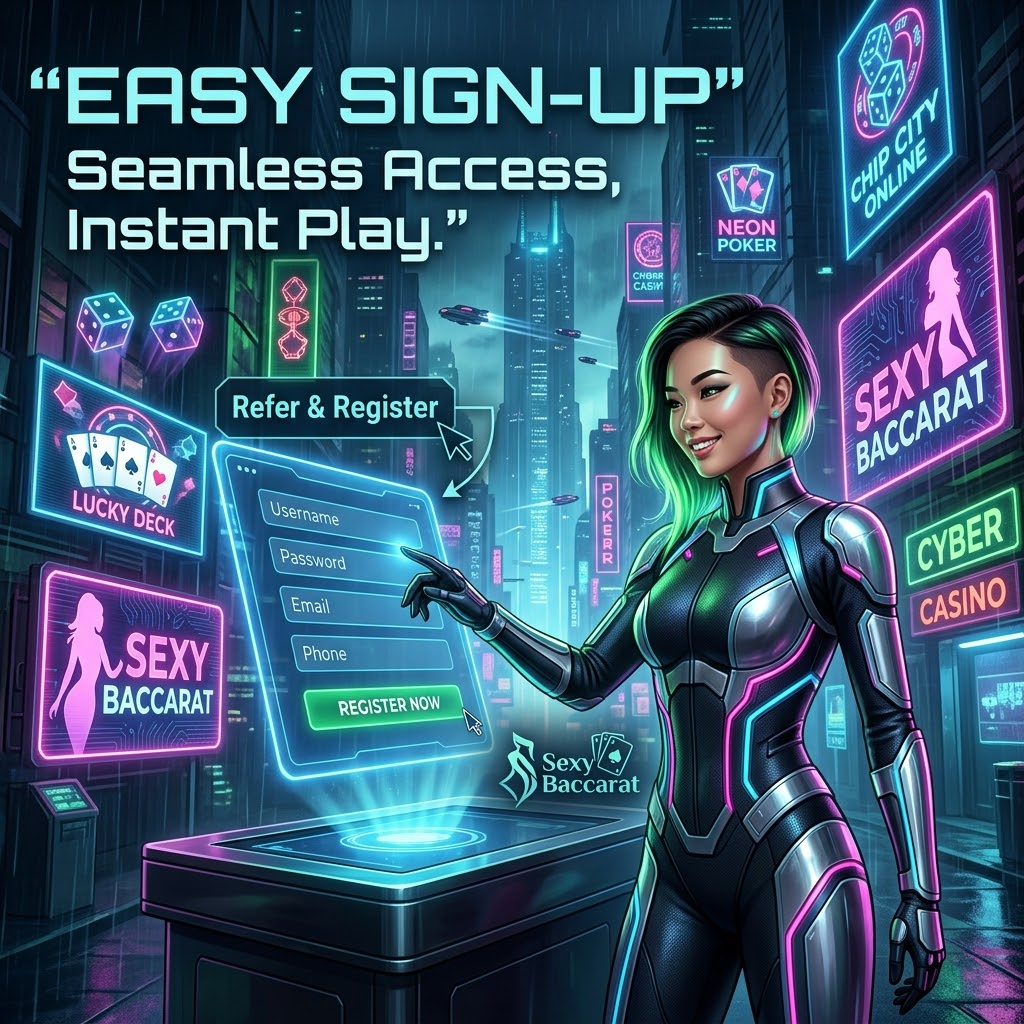 A visually striking 1:1 cyberpunk-style image featuring a confident Asian female presenter interacting with a holographic interface showcasing a streamlined registration process for Sexy Baccarat. The image highlights the message “Easy Sign-Up” and “Seamless Access, Instant Play.” The presenter’s outfit incorporates tech-inspired elements, and the “Sexy Baccarat” logo is subtly integrated. This image aims to attract potential players by emphasizing the platform’s user-friendly registration process and convenient access to a quality online casino experience.