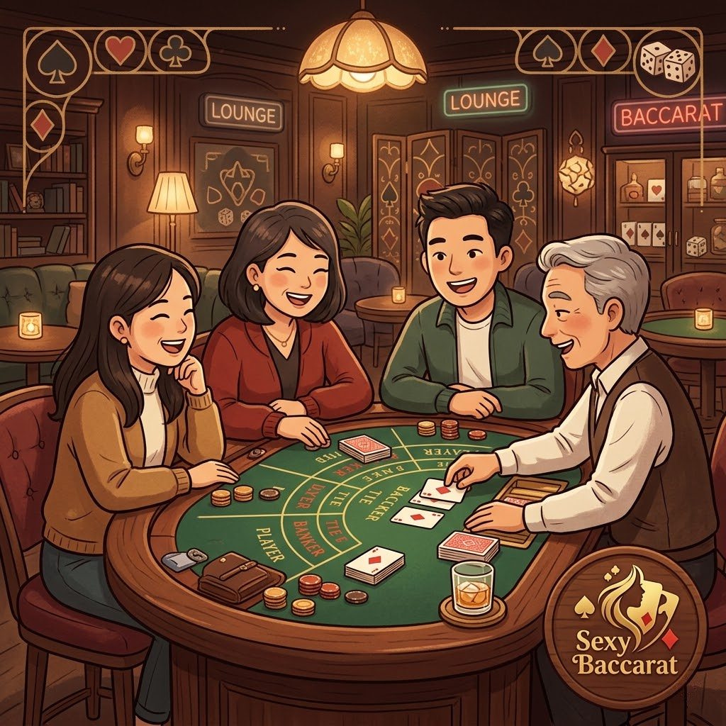 A heartwarming 1:1 illustration depicting a group of Asian friends enjoying a game of baccarat together in a cozy casino lounge. The image conveys a sense of community, trust, and shared passion for gaming, reflecting the platform’s origins as a community-focused online casino. The “Sexy Baccarat” logo is subtly integrated, reinforcing the brand’s commitment to providing a positive and enjoyable gaming experience for its users. This image aims to resonate with potential players by highlighting the platform’s welcoming atmosphere and authentic origins.