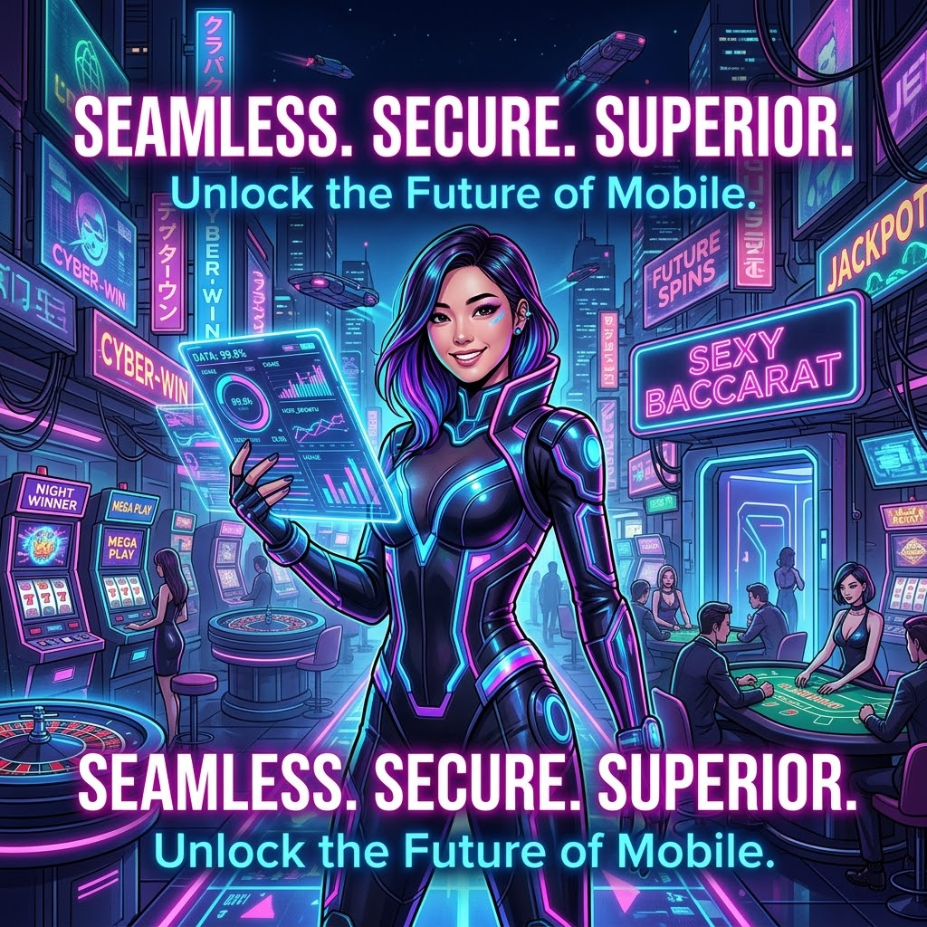A captivating 1:1 image showcasing a futuristic mobile experience within a vibrant cyberpunk casino. An Asian female presenter in a sleek suit confidently displays holographic data, highlighting seamless security and superior technology. Neon text reads “Seamless. Secure. Superior.” and “Unlock the Future of Mobile.” The image is designed to attract attention and communicate the benefits of an optimized mobile platform, blending high-tech visuals with a casino theme to convey excitement and innovation. This visual is perfect for marketing materials promoting mobile app optimization and user experience enhancements.