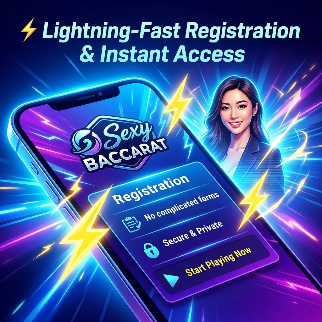 A visually dynamic 1:1 image promoting the lightning-fast registration and instant access offered by Sexy Baccarat. A stylized digital interface displays a streamlined registration process, emphasized by lightning bolt effects. The brand logo is prominently featured, and a confident Asian female presenter subtly reinforces the message of ease and speed. The image highlights the benefits of quick registration, including no complicated forms and secure access. This visually engaging content is ideal for attracting new players seeking a convenient and hassle-free online casino experience.