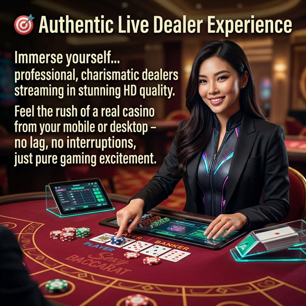A captivating 1:1 image showcasing the authentic live dealer experience of Sexy Baccarat. A professional Asian female dealer hosts a Baccarat table in stunning HD quality, emphasizing the immersive and lag-free gameplay. The image highlights the high-quality streaming and the excitement of playing Baccarat from anywhere. The brand logo is subtly integrated, reinforcing brand recognition and attracting players seeking a realistic online casino experience. This visually engaging content is perfect for marketing campaigns emphasizing quality and immersion.