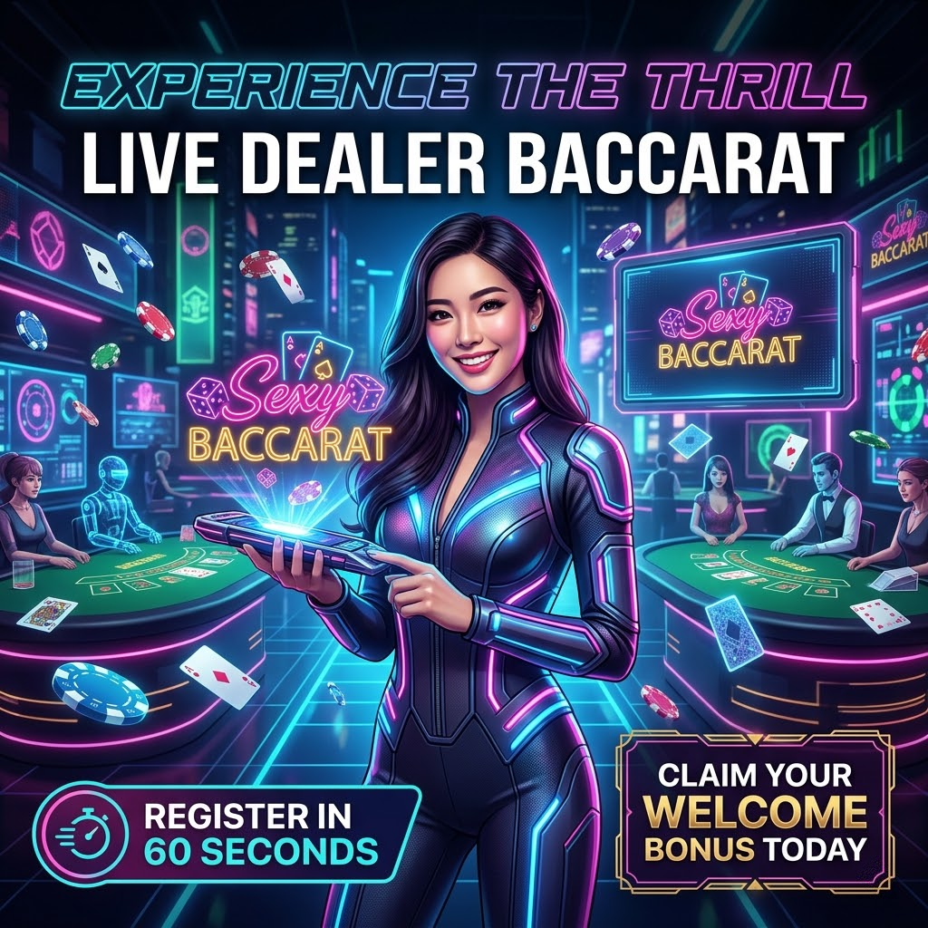 A captivating 1:1 image showcasing the excitement of online live dealer Baccarat. An Asian female presenter in a cyberpunk setting promotes “Sexy Baccarat,” highlighting a quick 60-second registration and a welcome bonus. The image features the brand’s logo, vibrant neon colors, and dynamic visuals to encourage immediate registration and showcase the thrill of playing Baccarat from home. This visually engaging content is perfect for marketing campaigns targeting online casino enthusiasts.