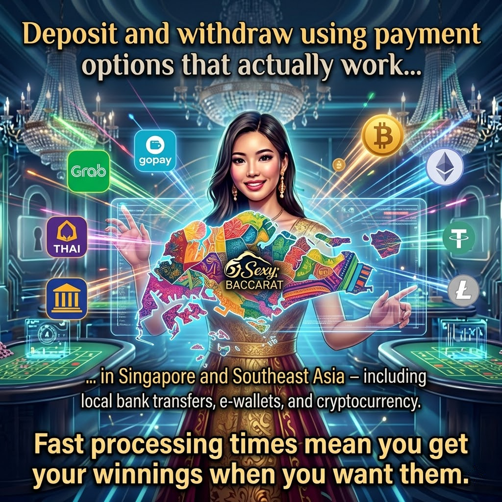 A visually dynamic 1:1 image showcasing the diverse payment options available on Sexy Baccarat for players in Singapore and Southeast Asia. The image features a stylized map of the region connected to various payment icons, including local bank transfers, e-wallets, and cryptocurrency. The Asian female presenter highlights the platform’s commitment to fast processing times and convenient transactions. This visually engaging content is ideal for attracting players seeking flexible and reliable payment solutions.