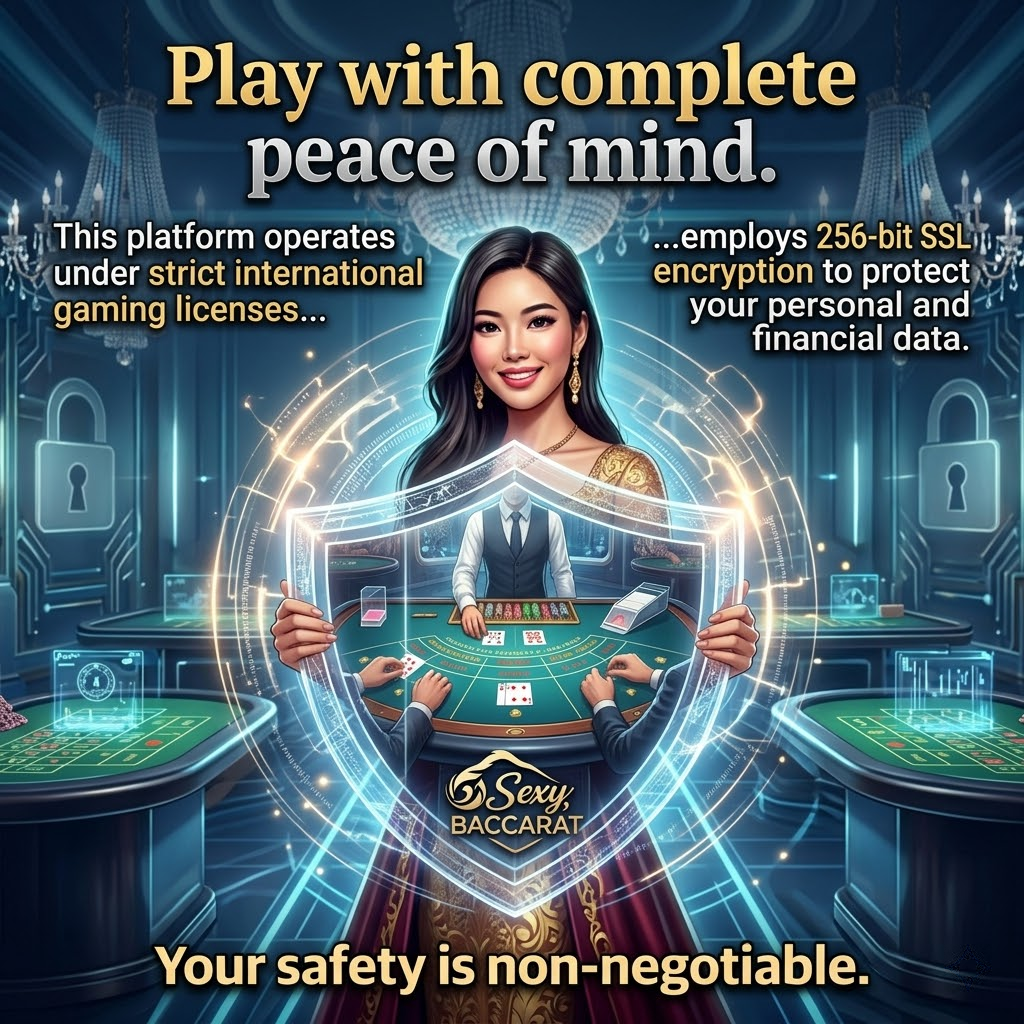 A visually reassuring 1:1 image emphasizing the robust security measures employed by Sexy Baccarat. A protective shield encompasses a player enjoying a Baccarat game, symbolizing data protection and peace of mind. The image highlights the platform’s adherence to international gaming licenses and the use of 256-bit SSL encryption. The Asian female presenter reinforces the commitment to player safety. This visually impactful content is ideal for building trust and reassuring potential customers about the security of the platform.