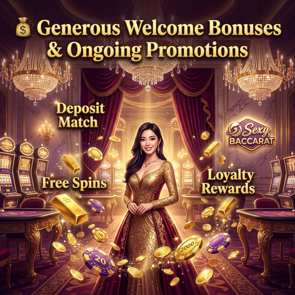 A luxurious 1:1 image showcasing the generous welcome bonuses and ongoing promotions offered by Sexy Baccarat. An Asian female presenter, adorned in a shimmering gown, is surrounded by symbols of wealth and abundance. The image highlights the value proposition of the platform, including deposit matches, free spins, and loyalty rewards. The brand logo is subtly integrated into the background, reinforcing brand recognition and attracting players seeking rewarding online casino experiences. This visually engaging content is perfect for marketing campaigns emphasizing value and excitement.