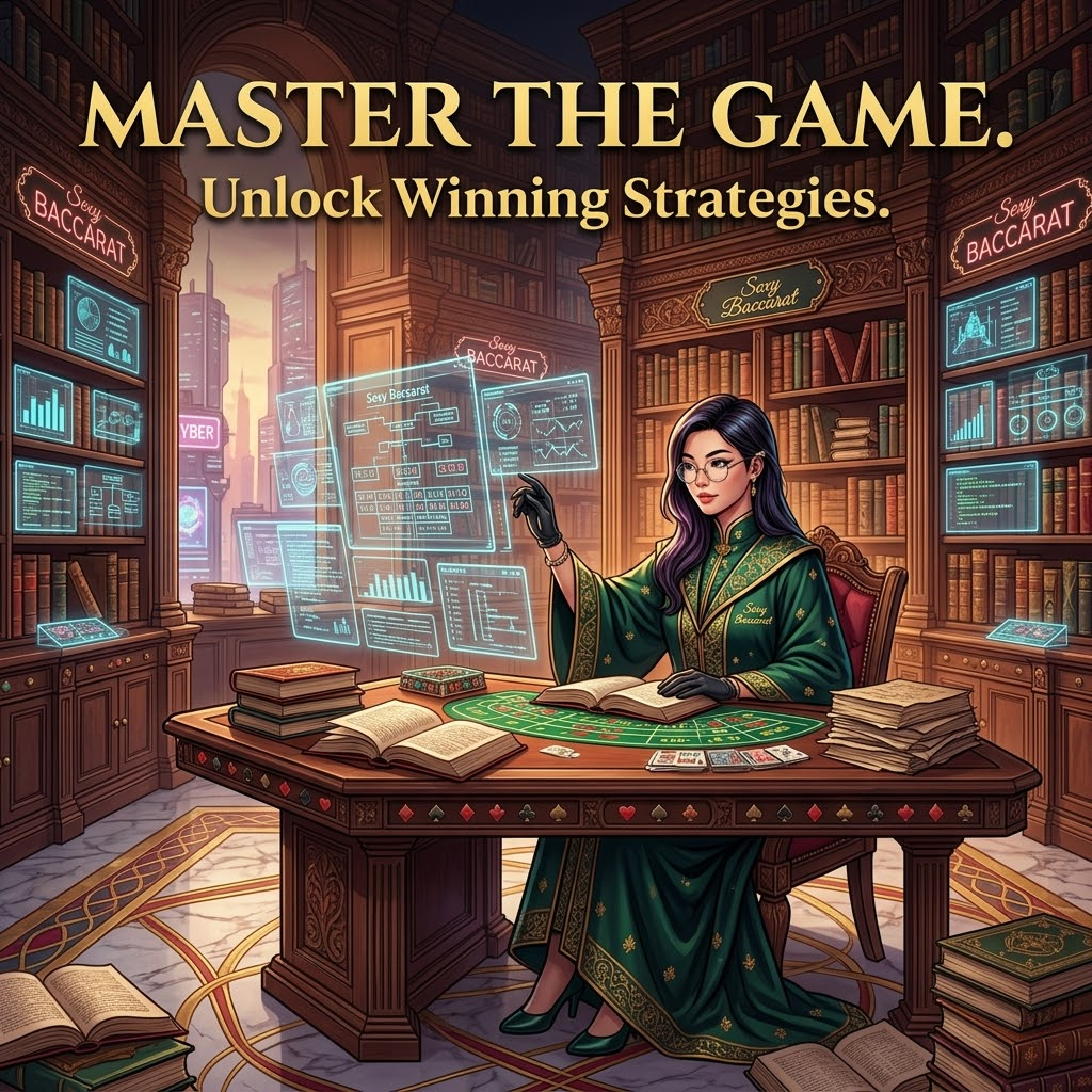 A visually engaging 1:1 image depicting a mystical library within a fantasy casino, designed to attract players of Sexy Baccarat and SG Baccarat. An Asian female scholar shares winning strategies through holographic projections and ancient texts. The image emphasizes knowledge, learning, and the pursuit of success in casino games. Text reads “Master the Game” and “Unlock Winning Strategies.” This image is ideal for promoting strategy guides and tutorials for online casino games, particularly Baccarat, targeting both experienced and new players. The casino theme is subtly integrated, creating a sophisticated and intriguing visual.